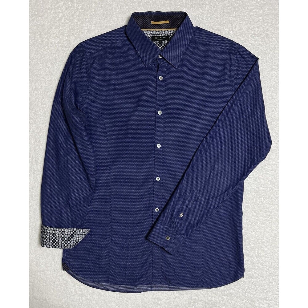 TED BAKER LONDON Button Down Shirt Men's 4 L Blue Cotton Stretch